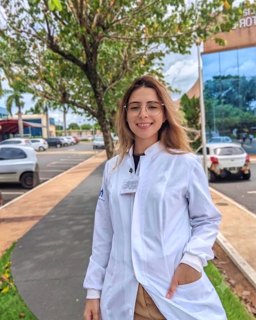 Vitória de jaleco em frente ao hospital durante a residência